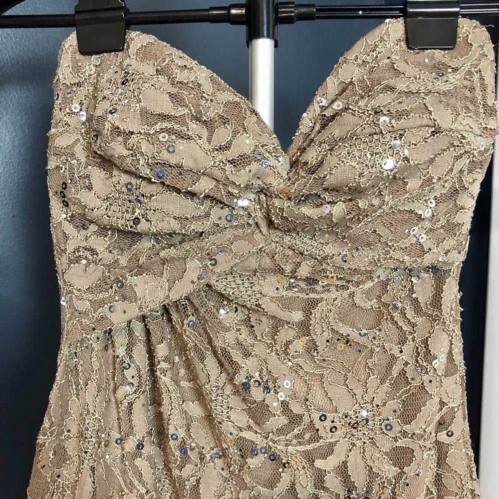 Morgan & Co. Strapless Lace Dress in Tan with Sequins